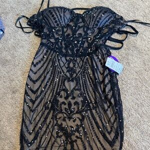 Windsor Black Strapless Sequin & Lace Overlay Dress